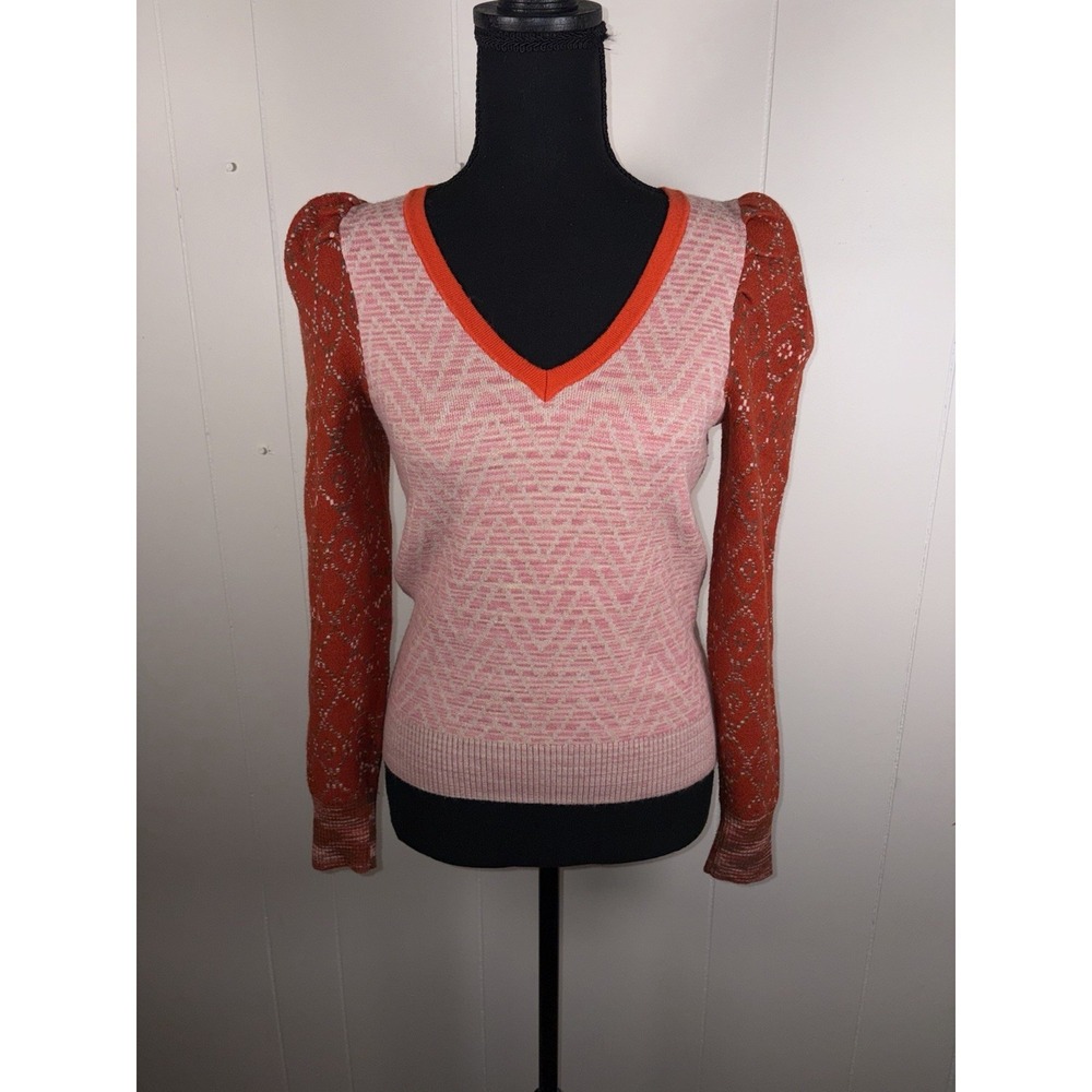 ANTHROPOLOGIE L/S Soft 'Cherie Puff‎ Sleeve Sweater XS Brick Cream Orange